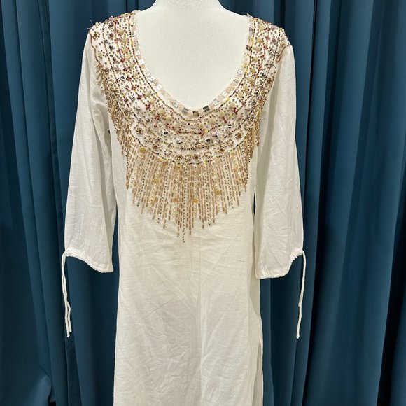 JO NO FUI Beige/off-white Rhinestone Cotton Dress - Picture 1 of 9